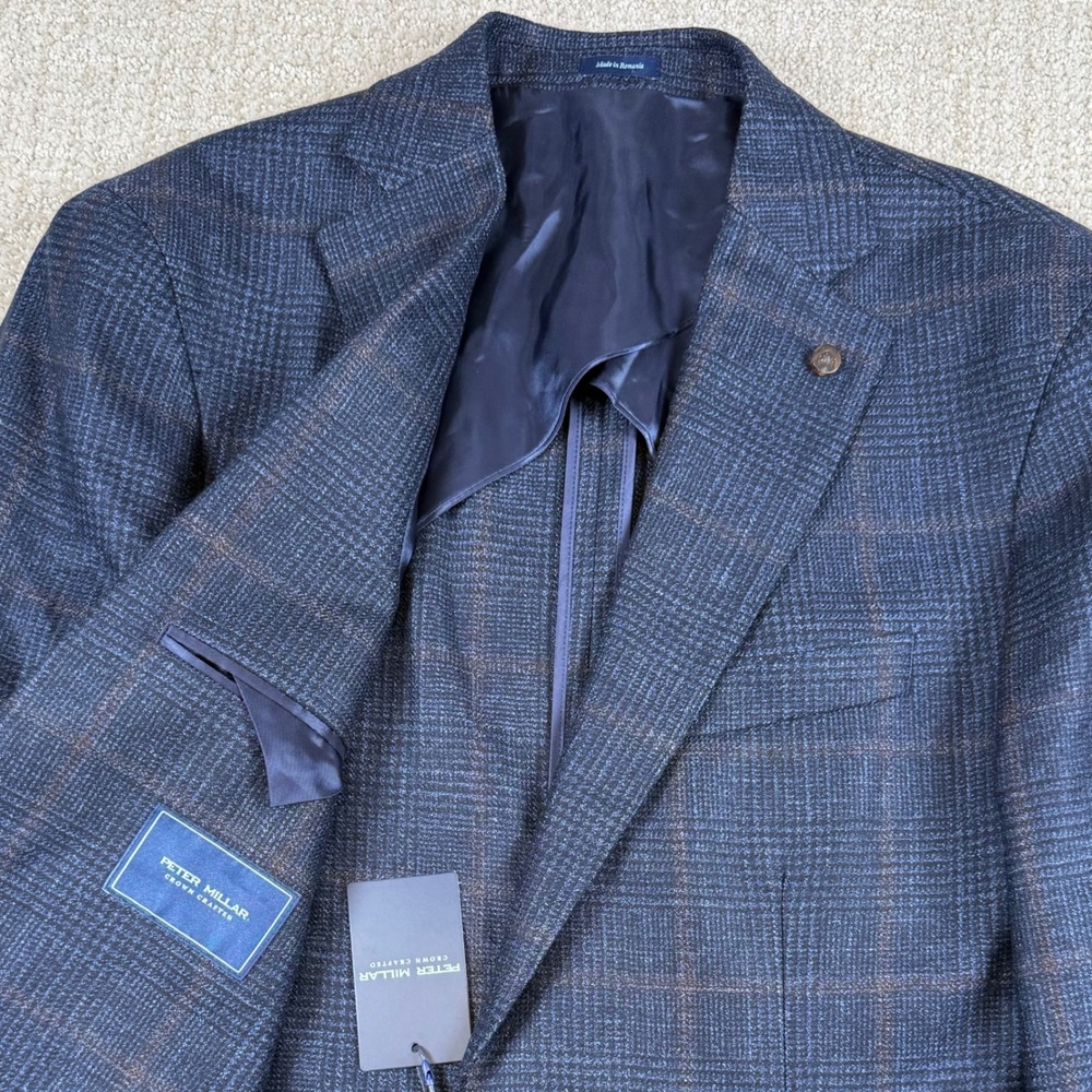NEW Peter Millar Mens 42R Navy Plaid Crown Crafted Wool Silk Cashmere Blazer